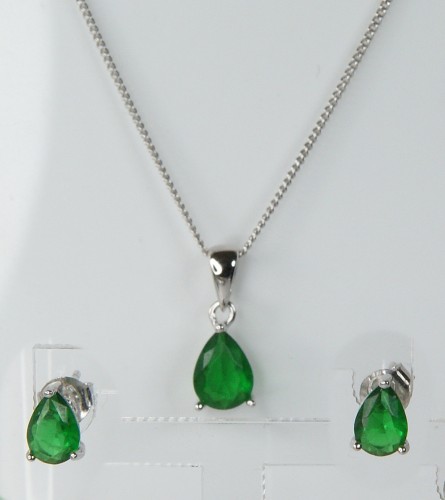 Sterling Silver/Emerald Teardrop Stud Earrings and Pendant Set
